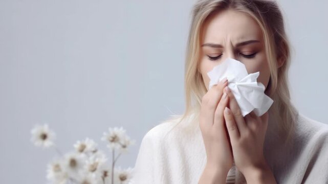 Close up of woman blowing her nose on a soft white tissue - Powered by Adobe