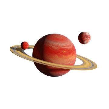Red gas planet with rings and two orbiting moons.