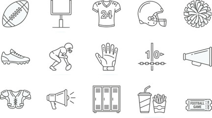 American football icons, sports equipment vector set, jersey, helmet, goalpost, fan gear, locker room, ticket, line art