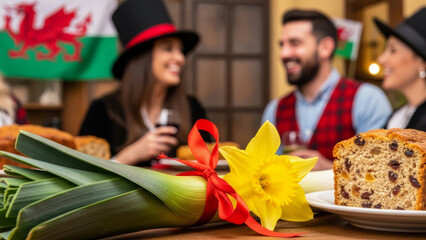 Welsh scene with daffodil, leeks, fruitcake and costumes. St. David’s Day.