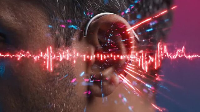 Vibrant digital sound wave emanating from a human ear, symbolizing auditory perception, advanced communication, and sensory data processing with a futuristic aesthetic