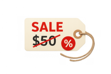 Sale price tag illustrating discount shopping, featuring a lower price and percentage symbol, transparent background