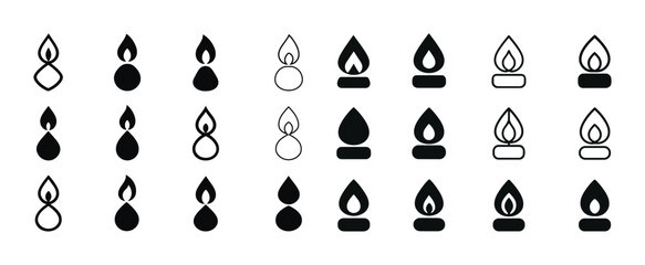 Diverse flame icons: 24 unique black and white fire symbol desig