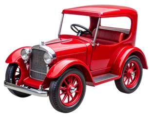 Angled Side View of Retro Red Ride-On Toy Car, Isolated on Transparent Background.