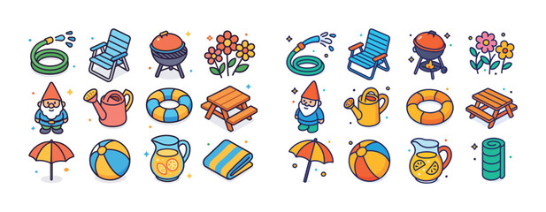 Colorful outdoor elements: gnomes, picnic tables, and garden acc