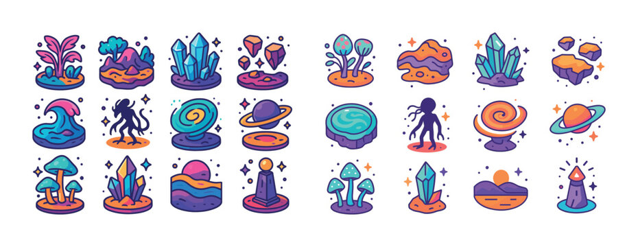 Colorful cosmic and terrestrial icon set featuring planets, crys