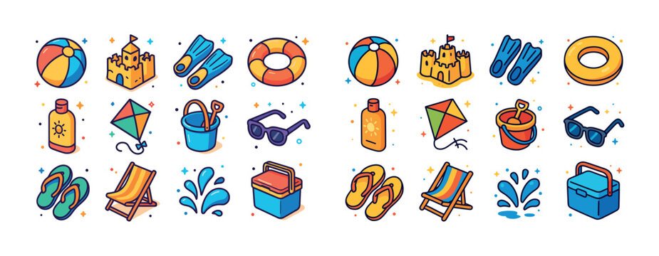 Colorful cartoon beach icons: sandcastles, flip-flops, sunglasse