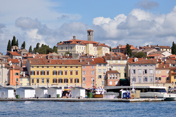 panorama of Rovinj seen from the harbor at bright summer day