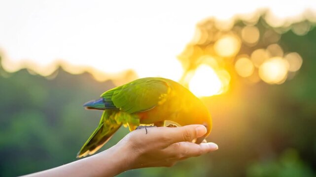 Sunlit Parrot Perched on Hand, Golden Hour, Nature's Embrace, Tropical Beauty Displayed