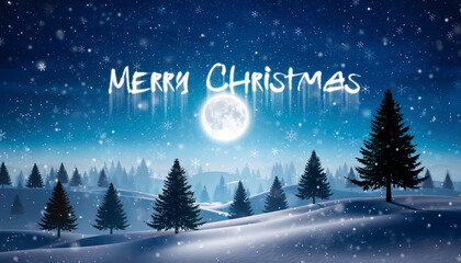 Merry Christmas winter night landscape, full moon, snowy pine trees, falling snowflakes
