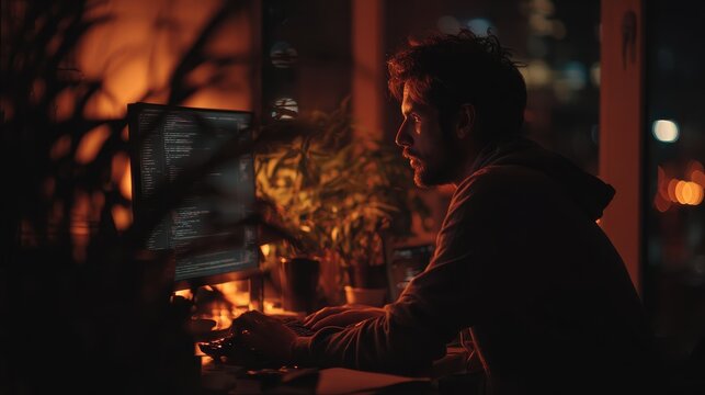 programmer working at night with warm ambient lighting, emotional realism