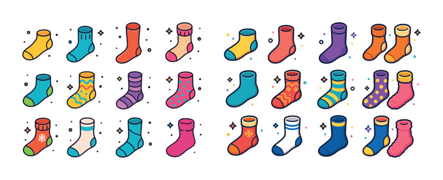 Colorful cartoon socks collection with varied patterns and desig