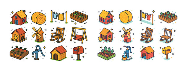 Charming farm life icons featuring houses, animals, and garden e