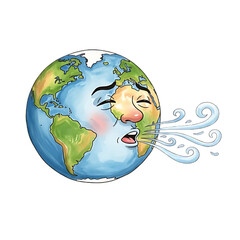 Earth cartoon character blowing wind illustration depicting weather climate change global warming environmental issues pollution