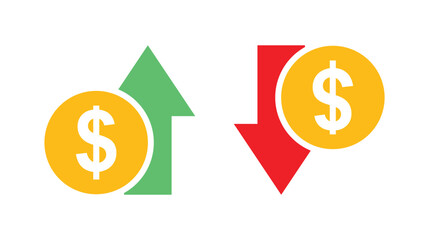 Financial Growth and Decline Icons with Dollar Symbols, Green Up Arrow and Red Down Arrow Illustration