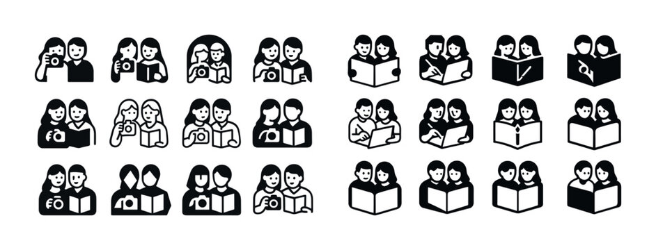 Diverse icons of people interacting with books and technology