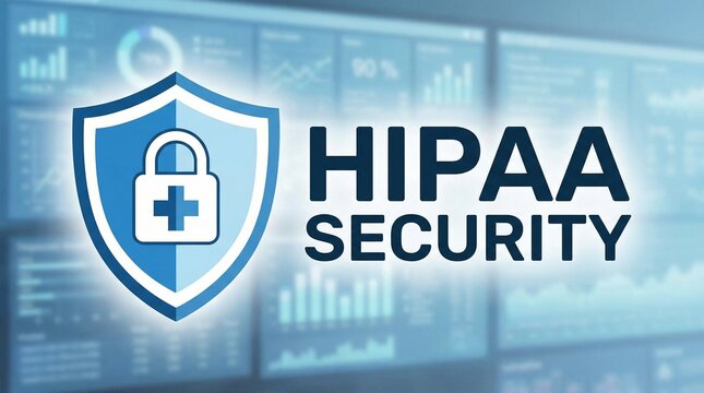 hipaa security banner with shield padlock and medical cross icon over blurred healthcare data dashboard for patient information protection cybersecurity compliance and electronic health records safety