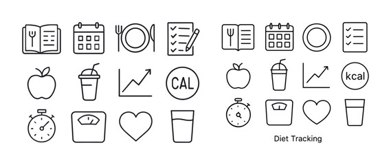 Diet tracking icons: apple, calendar, glass, scale, stopwatch, p