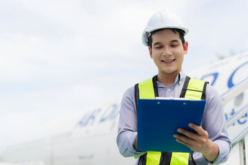 Male engineer in white hardhat standing and holding tablet working aircraft maintenance mechanics moving through hangar.