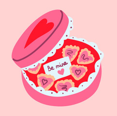 Flat style illustration of pink heart chocolate box with open lid, scalloped trim, and be mine note, perfect for Valentine s Day cards, sweet packaging, and romantic gift designs.