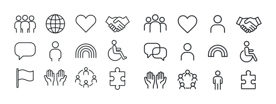 Diverse line icons: community, communication, inclusion, unity,