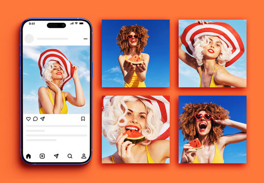Phone Screen Social Media Square Multi Screen Post Feed Mockup Isolated