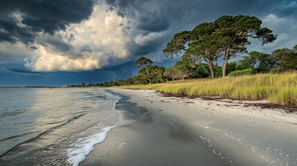 Dark storm clouds loom over a tranquil shoreline just before the evening tide rolls in along the beach
