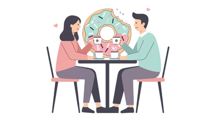 Sweet Moments: A couple shares an intimate moment, enjoying coffee and a donut, against a backdrop of love and affection. Capturing the essence of connection and sweetness. 