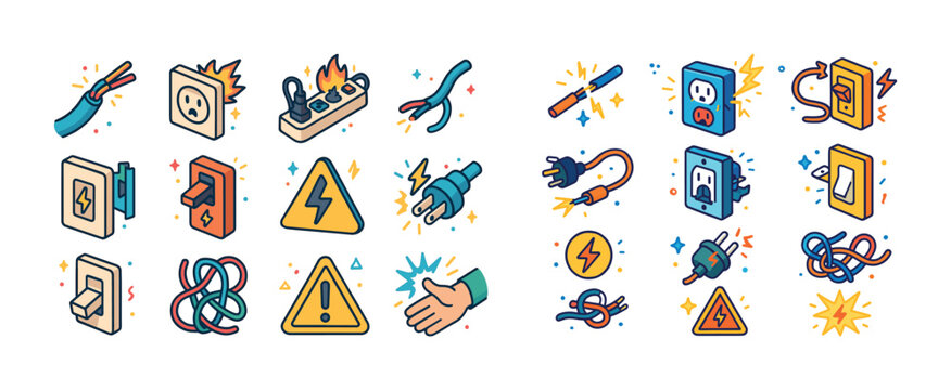 Electrical safety: outlets, plugs, cables, and danger symbols il