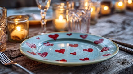 Romantic Dinner Table Setting with Heart Plate, Glassware, Candles, and Rustic Wooden Surface