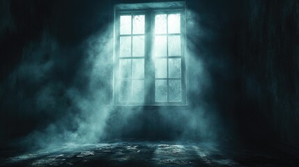 Dark Window. Abstract Horror Scene with Gloomy House, Ghostly Light, and Scary Shadows.