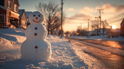 Snowman on Snow-Covered Street at Sunset in Residential Neighborhood