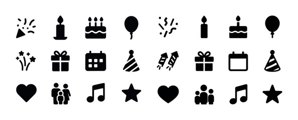 Celebration icons: candles, balloons, gifts, party symbols, musi