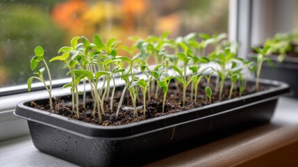 Seed Tray with Soil and Young Green Seedlings on Windowsill