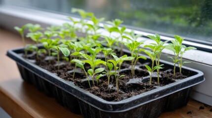 Black Plastic Seed Tray with Uniform Green Seedlings on Indoor Windowsill