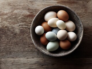 Assorted chicken eggs in ceramic bowl on rustic wooden table. Natural colors from different hen breeds, soft daylight, ethical farming concept, homemade eggs, copy space