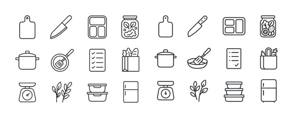 Fototapeta premium Kitchen icons: utensils, storage, appliances, food prep elements