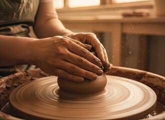 Close up of hands shaping clay on a pottery wheel with soft natural lighting in a workshop