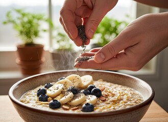 Close up of hands sprinkling chia seeds onto a healthy oatmeal bowl with sliced bananas blueberries and almonds in soft window light