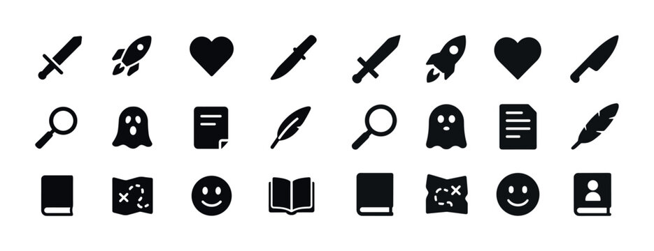 Black and white icons set: sword, rocket, heart, knife, magnifyi