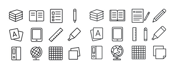 Outline icons of office supplies and educational tools