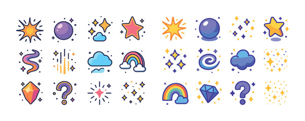 Colorful celestial and nature icons including stars, clouds, and