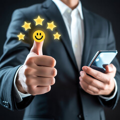 Businessman Giving Thumbs Up with Five-Star Rating and Customer Satisfaction Icon