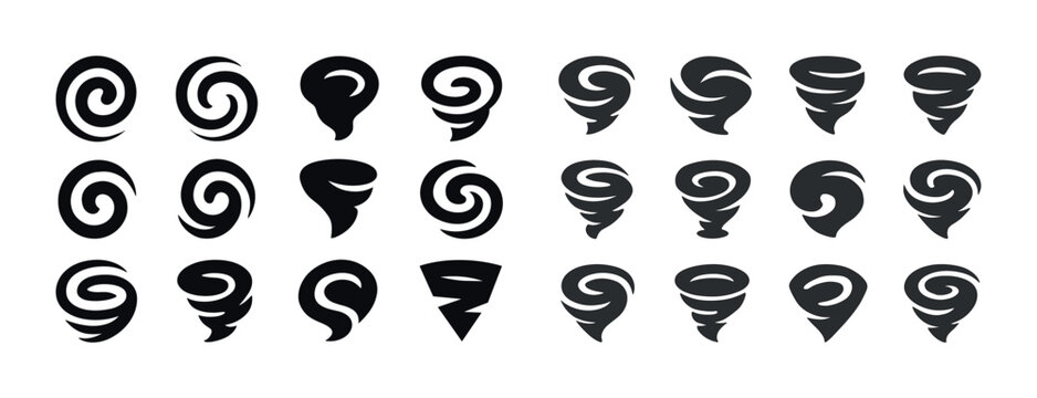 Set of stylized tornado icons with spiral and swirl shapes in bl