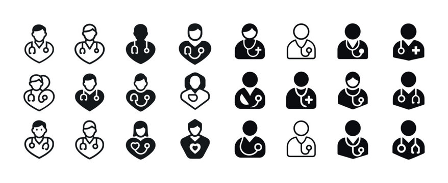 Collection of diverse doctor and healthcare icons in simple blac