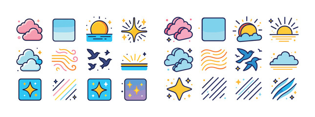 Obraz premium Colorful weather and nature icons with clouds, sun, and birds