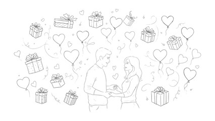 Eternal Embrace: A sketch captures a tender moment between a couple amidst a romantic array of gifts and heart-shaped balloons, symbolizing everlasting love and the joy of shared moments.