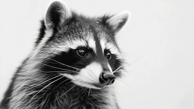 A single raccoon captured in a close up , showcasing its distinctive fur pattern and attentive gaze.