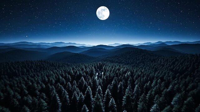 Aerial ascending drone shot revealing an isolated, crumbling structure deep within a vast, dark forest wilderness lit by the lunar light mystery, gloomy, unnatural