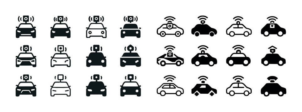 Icon set of autonomous cars with various sensors and communicati